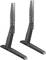 Two black, adjustable metal stands that are likely intended to support monitors or televisions.