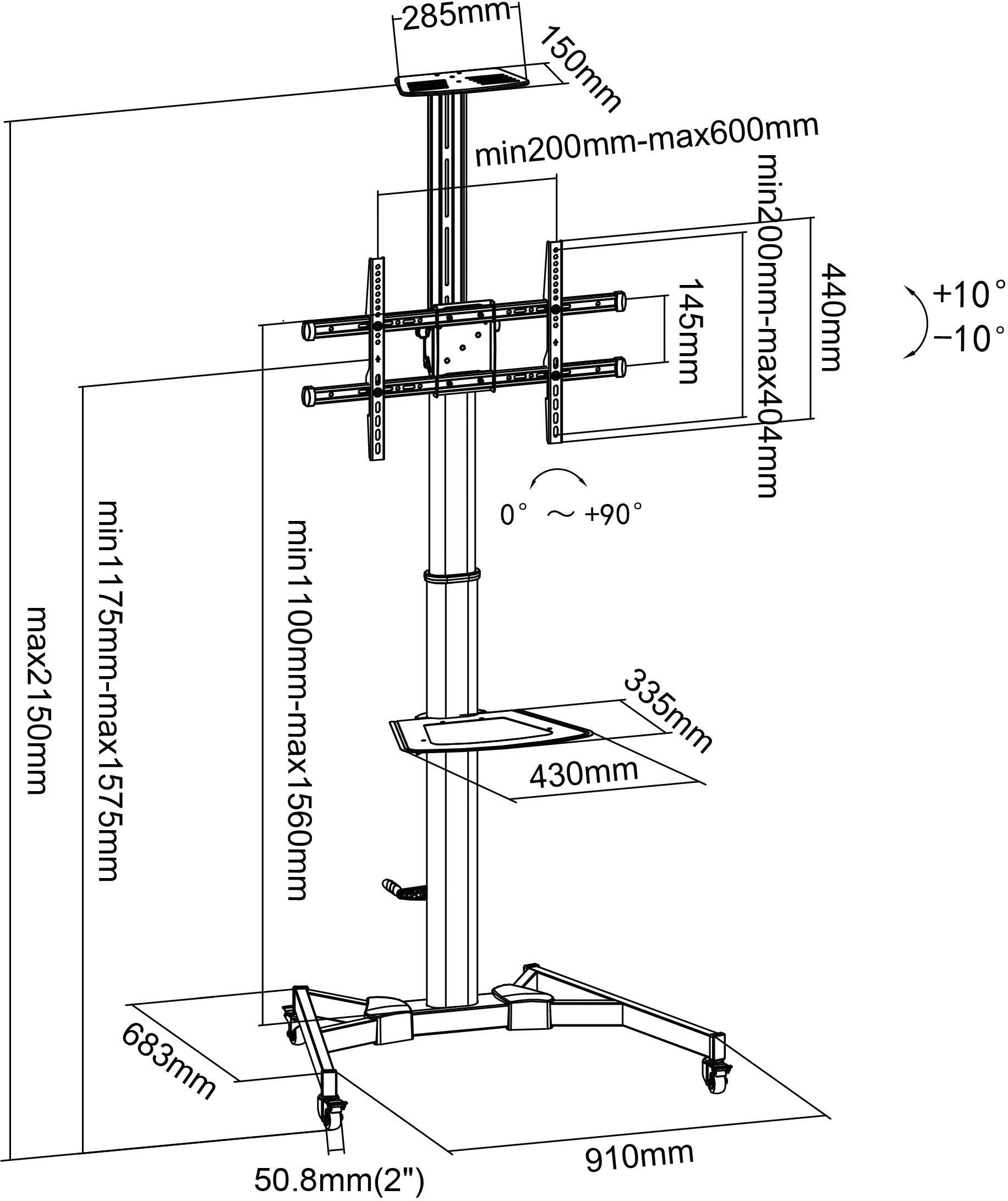 My Wall HP 106 L TV trolley 94,0 cm (37") - 177,8 cm (70") Retractable, Tiltable, Floor stand, Height-adjustable Portrai-4