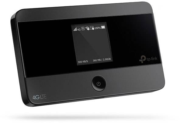 A black mobile 4G LTE Wi-Fi router from TP-Link with a display showing connection status and data usage.