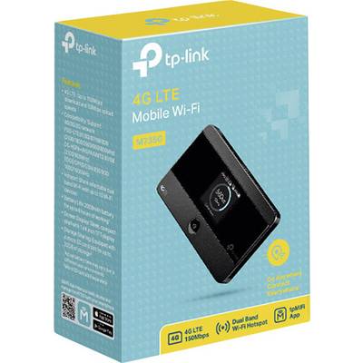 A blue packaging with 'tp-link 4G LTE Mobile Wi-Fi M7350'. Shows a portable Wi-Fi device. Contains information about mobile network connectivity.