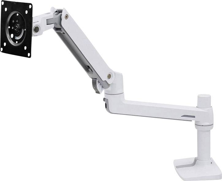 'A white, adjustable monitor arm with joints for flexible positioning, mounted on a desk.'