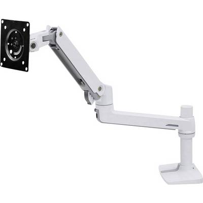 'A white, adjustable monitor arm with joints for flexible positioning, mounted on a desk.'
