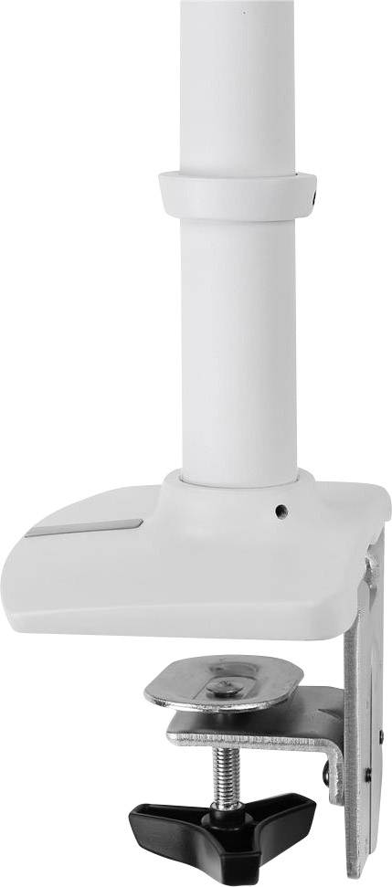 A white metal tube with a G-clamp, attached to the edge of a table. Used for secure mounting, such as for lamps.