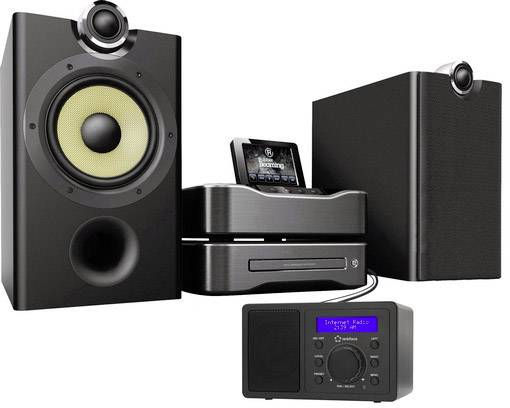 A black stereo system with speakers and a central display. A separate radio with an LCD display stands in front.