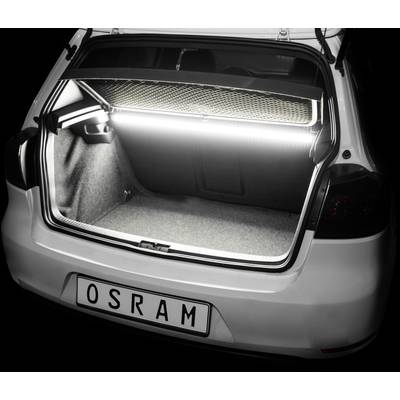 The boot of a car is open and illuminated by a bright LED light mounted above.