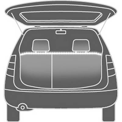 An open car boot with two headrests visible and the boot illuminated by a strip of light.