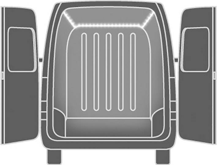 The rear cargo area of a van with open doors, revealing the empty interior with a ribbed floor and illuminated ceiling.