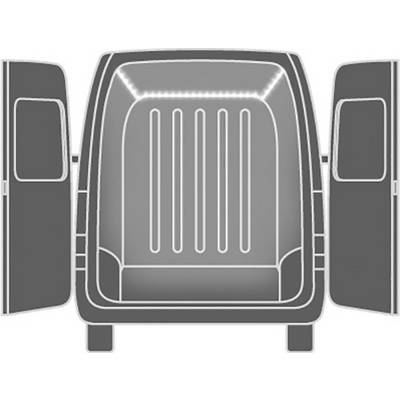 The rear cargo area of a van with open doors, revealing the empty interior with a ribbed floor and illuminated ceiling.