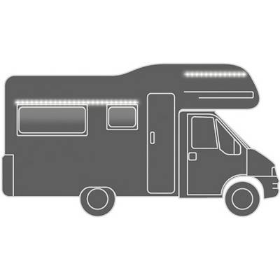Motorhome symbol, side view with illuminated roof and windows, showing the design of a classic motorhome.
