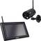 Black surveillance camera with wall mount, next to a monitor with a black frame, both equipped with a Wi-Fi antenna.