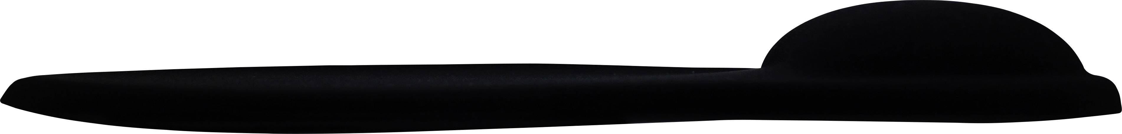 A flat, black sponge with a convex elevation on the right side, against a white background.