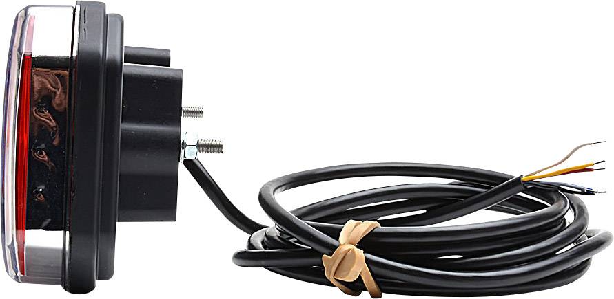 A round, red rear light with two screws for mounting and a long black cable with exposed cable ends for connection.