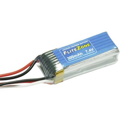 Lithium-Polymer battery with blue 'FLITE ZONE' label, 300mAh, 7.4V. Connected with red and black cables.