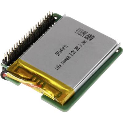 A lithium-ion battery on a circuit board, surrounded by a yellow protective casing, with visible connector pins on top.