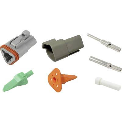 Various automotive connectors and contacts in different colours and shapes, including grey, orange, green and white.