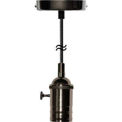 A black, metallic lamp suspension with a threaded pipe, a screw on the side, connects the pendant light to the ceiling plate.