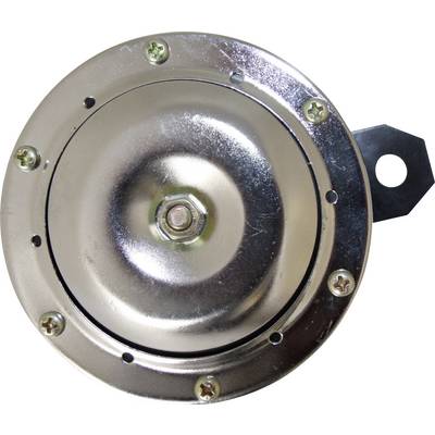 A circular, metallic hooter with a central screw and several screws around the edge, mounted on a black bracket.