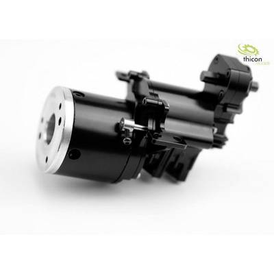Black model engine with silver trim, shown from the side. Contains the 'thicon models' logo in the top right corner.