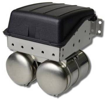 An electric air compressor with a black housing on top and two silver cylinders underneath, mounted on a metal stand.