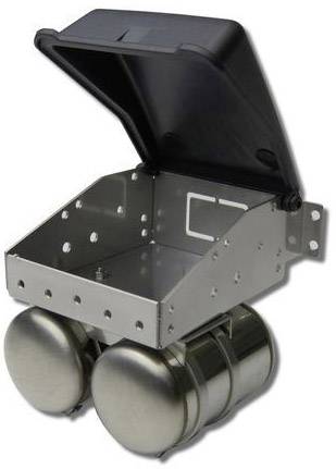 Metal enclosure with open black lid for two cylinders, suitable for industrial applications.