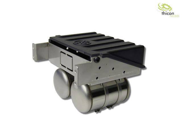 Metal model of a lorry tank with a rectangular, ribbed upper section and two cylindrical barrels underneath, by thicon models.