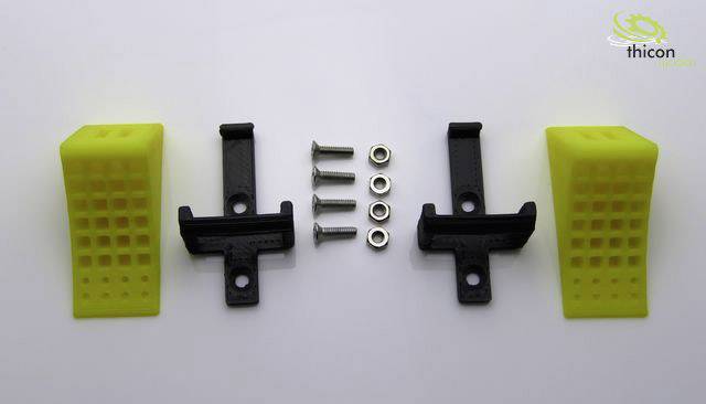 Two yellow grid blinds, two black mountings, four screws and nuts on a white background. Top right: 'thicon models'.