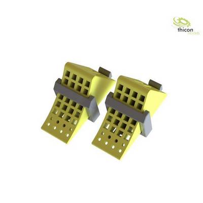 Two yellow, grid-like model parts with grey cross-struts, possibly for model making, on a white background.