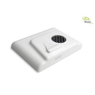 A rectangular, white fan with a honeycomb grid on the top surface, presumably designed for ventilation, with the thicon models logo in the top right corner.