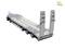 Grey-silver heavy-duty low loader with multiple axles and ramps at the rear, side runners, on a white background.