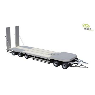 A model of a heavy-duty trailer with six wheels and two raised ramps. Suitable for transporting heavy machinery.