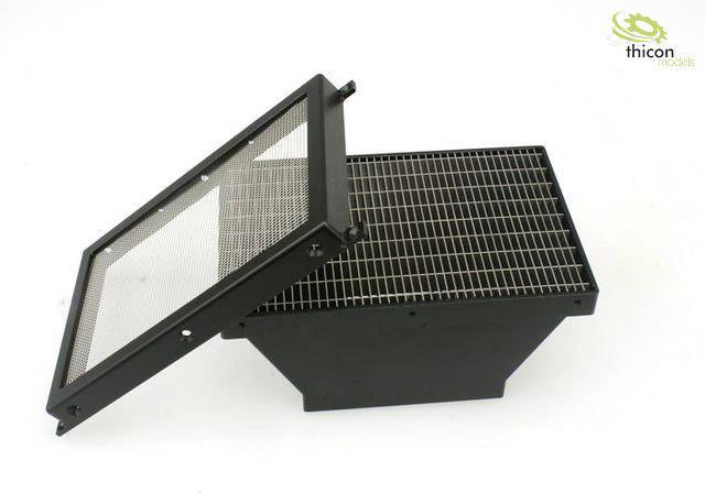 Black, rectangular container with a removable mesh lid and galvanised steel grating. Suitable for model-making applications.