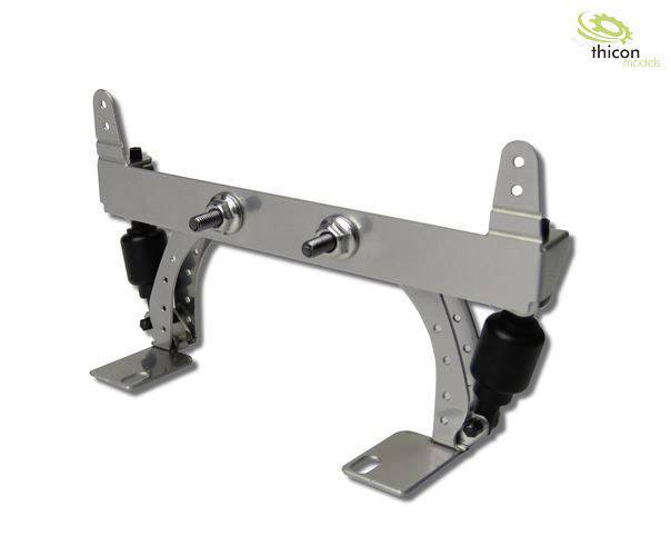 'Model chassis with two suspension legs, realistic detailing, metal structure, suitable for hobby enthusiasts and RC vehicles.'