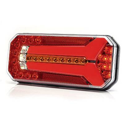 Red, rectangular LED rear light with clear covers and multiple integrated light elements. Ideal for vehicles to enhance visibility.
