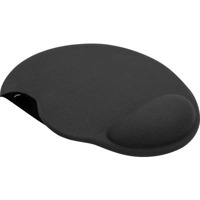Black mouse pad with wrist rest, ergonomically shaped for comfort during prolonged use.