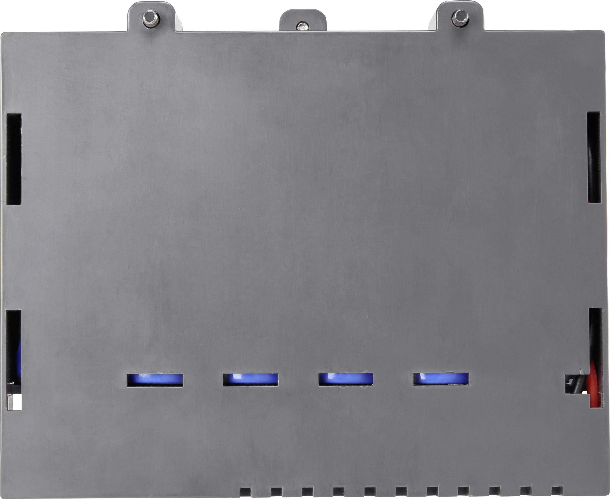 Black, rectangular casing with several small slots and blue details, possibly part of an electronic device.