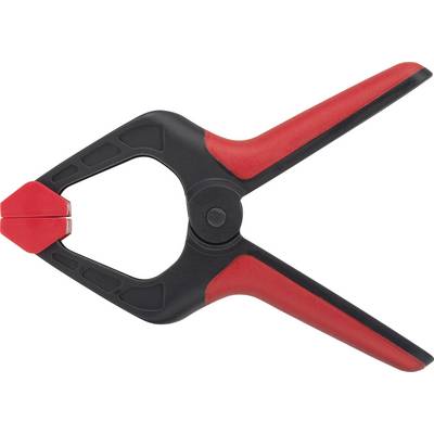 A red and black plastic G-clamp used for securing workpieces.