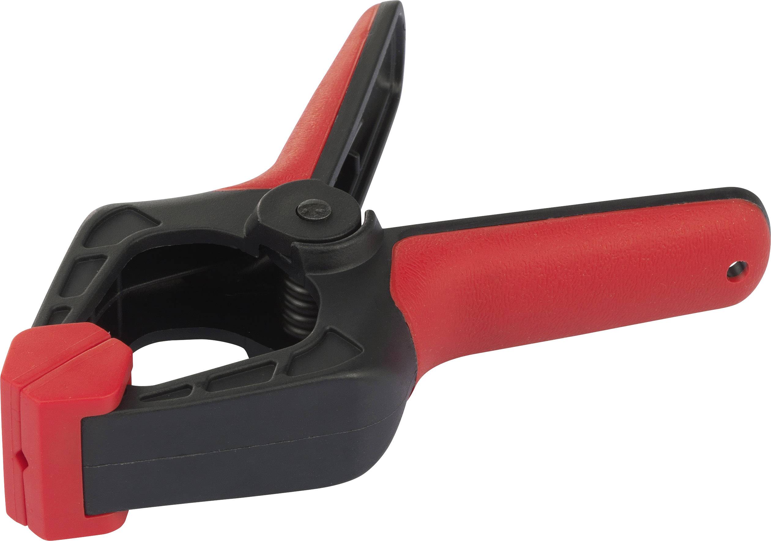 A black and red spring clamp with an ergonomic handle. It is opened and ready to grip materials.