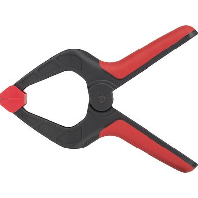 A black and red plastic spring clamp, opened, showing its jaws. Primarily used for DIY projects or craft work.