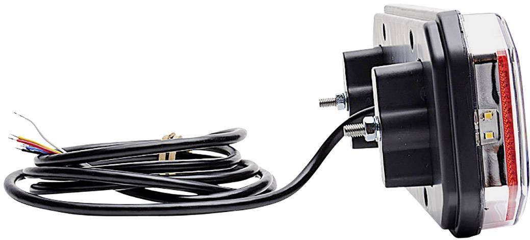 LED rear light with cable and mounting screws, side view. Housing with red reflector. Cable ends for connection.