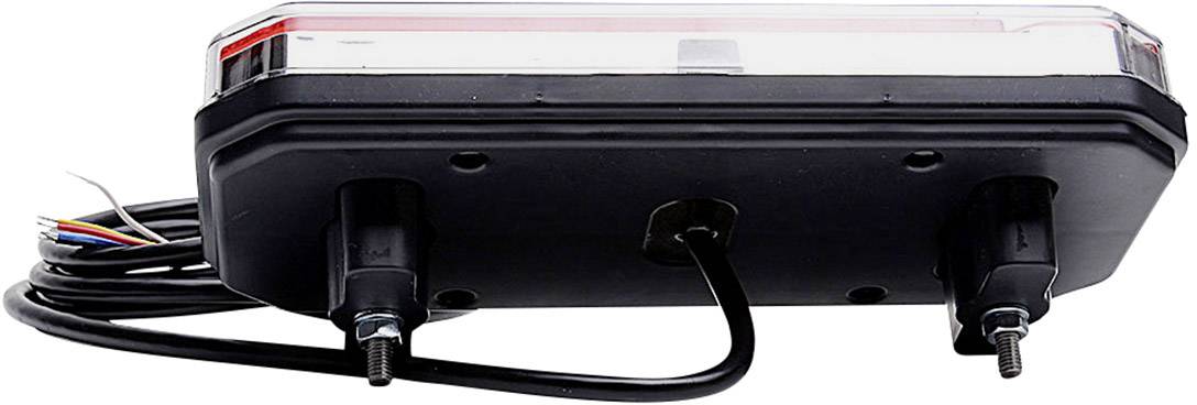 Electronic LED rear light with black base and cable, suitable for vehicles, showing various connection options.