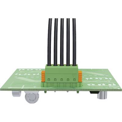 Green circuit board with black cables mounted and running through a central connection. Technical components are visible.