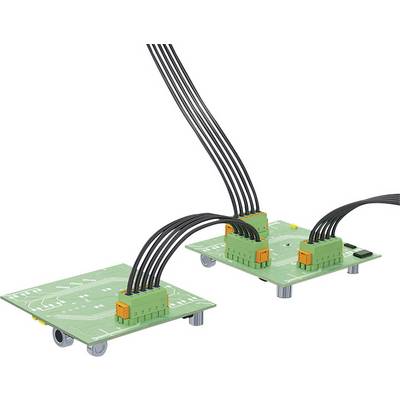 Two green electronic circuit boards with multiple cable connections secured by orange connectors.