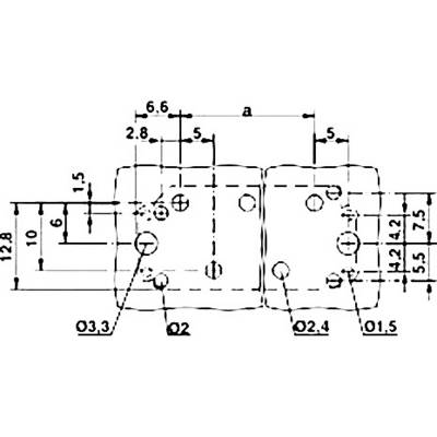Technical drawing of a metal connector with hole dimensions in millimetres. Measurements and distances for precise positioning of the holes.