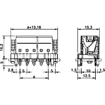 Technical drawing of an electrical connector with dimensional measurements in millimetres, showing front and side views with details.