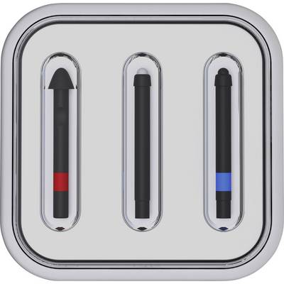 Three differently shaped black pens in a silver holder, marked with a red, black, and blue dot.