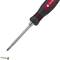 Screwdriver with an ergonomic handle lies beside a silver screw.