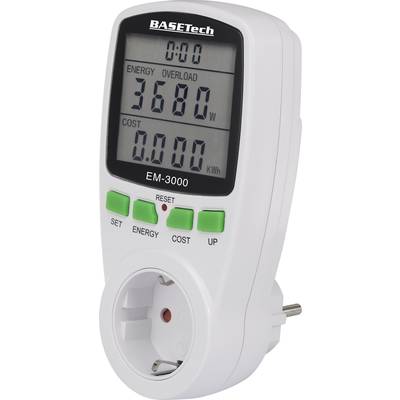 A white energy consumption meter displays an energy usage reading of '3680 W' on a digital display.