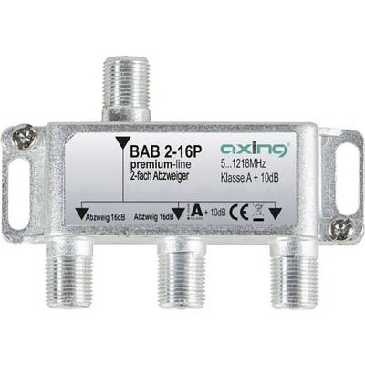 'BAB 2-16P premium-line Two-Way Splitter' by Axing, Frequency Range 5-1218MHz, Class A, with Tap Values 16dB.