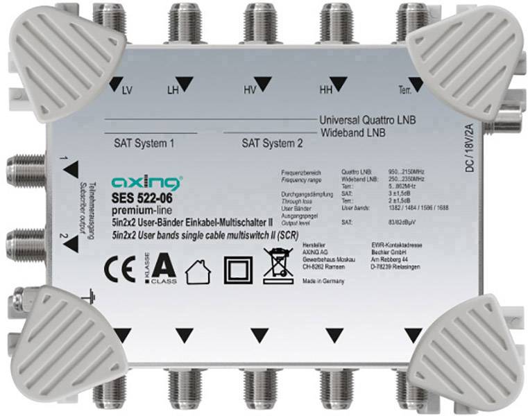 Axing SES 522-06 SAT single cable multiswitch Inputs (multiswitches): 5 (4 SAT/1 terrestrial) No. of participants: 2
