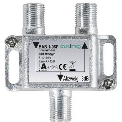 Four-way coaxial cable splitter for TV/radio signal, silver housing, marked with 'BAB 1-08P' and 'Tap 8dB'.